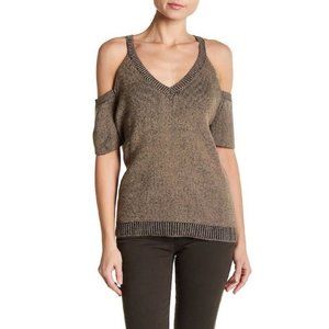 $175 SPLENDID Cold Shoulder Short Sleeve Wool Blend Sweater Camel/Charcoal ( M )